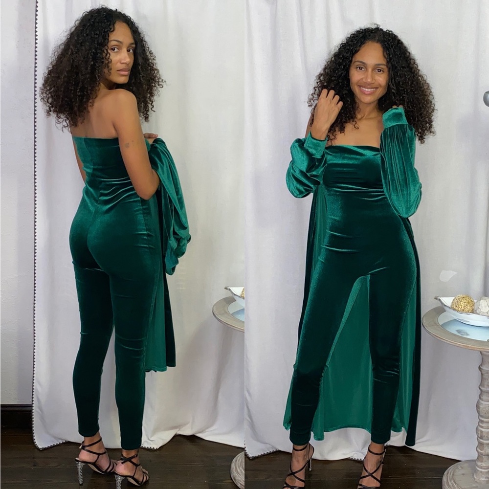 Emerald Strapless Velvet Jumpsuit with Matching Duster